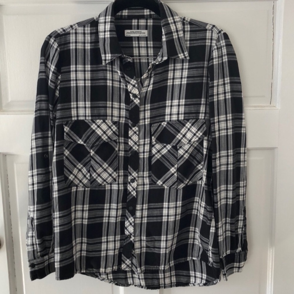 Zara Black and White Plaid Snap Button Up Medium